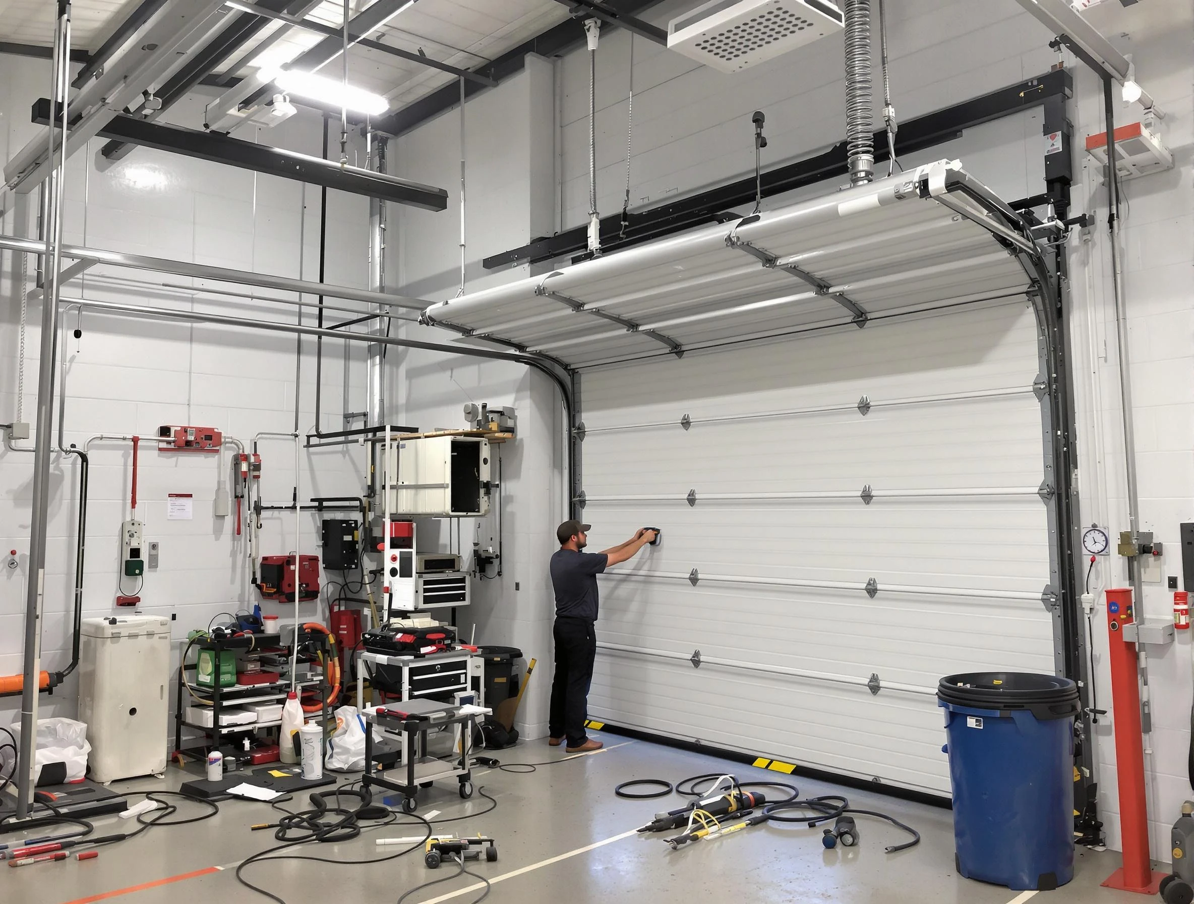 Tampa Garage Door Repair certified technician performing commercial door repair at a Tampa business facility