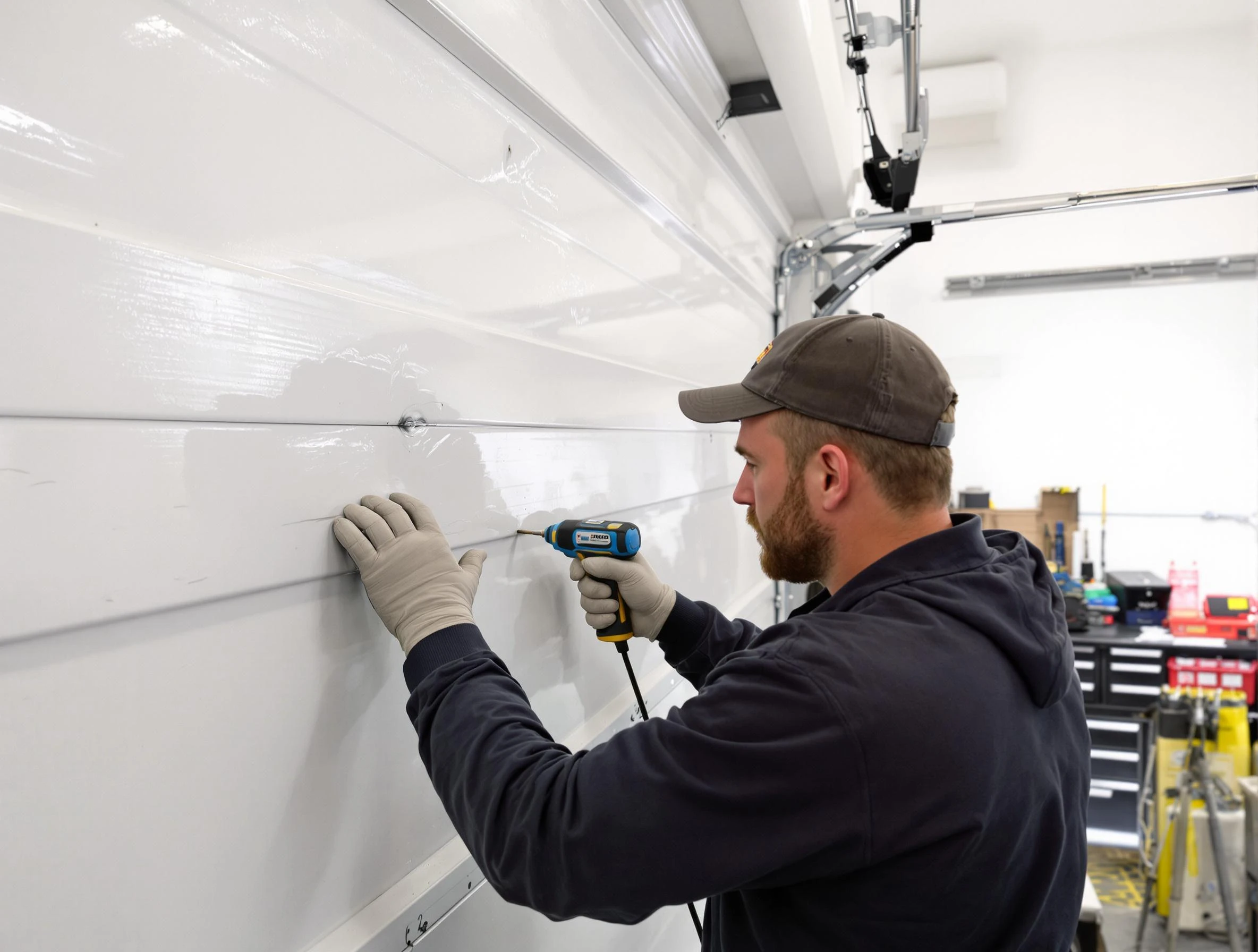 Tampa Garage Door Repair technician demonstrating precision dent removal techniques on a Tampa garage door