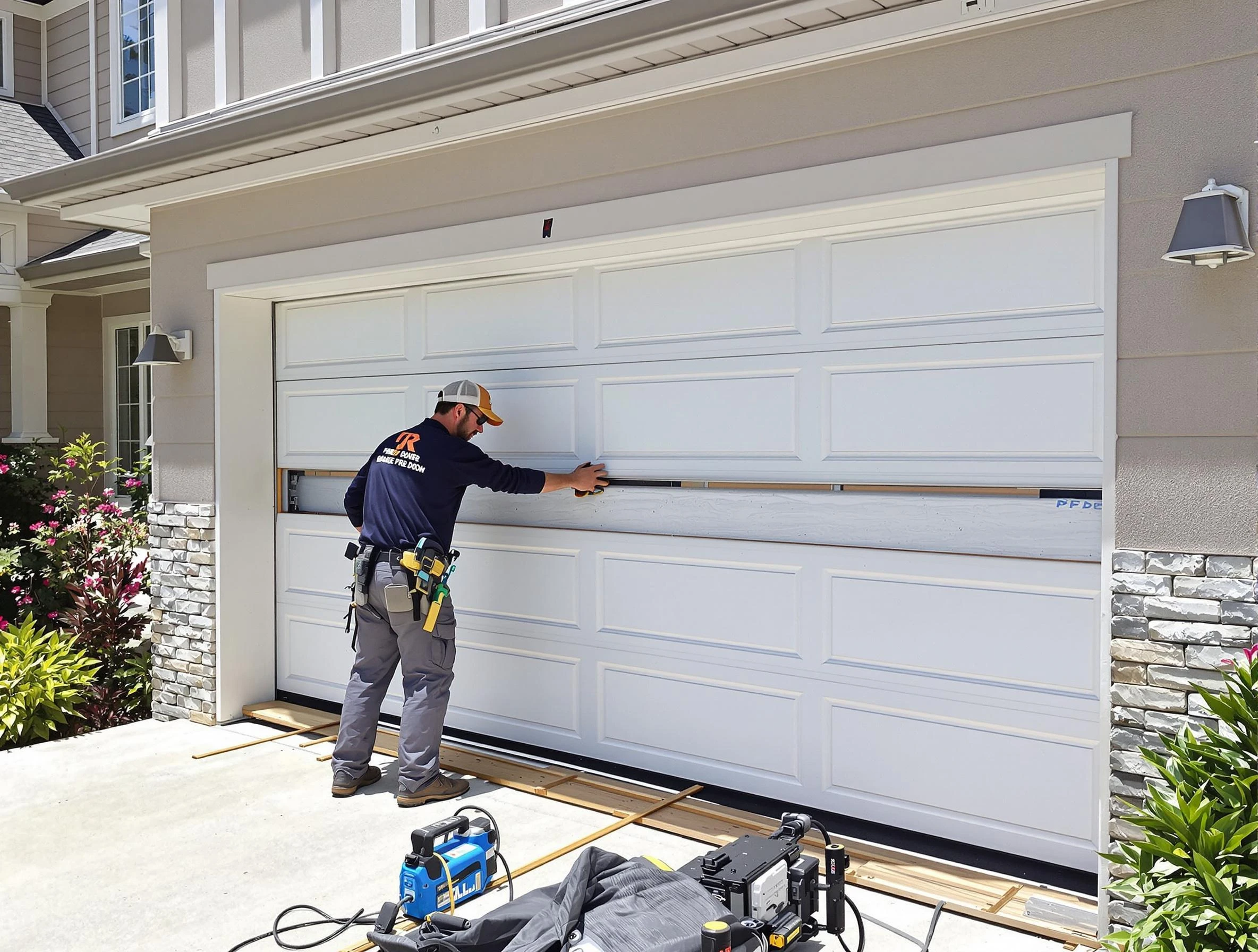Tampa Garage Door Repair team performing complete garage door replacement at Tampa residence