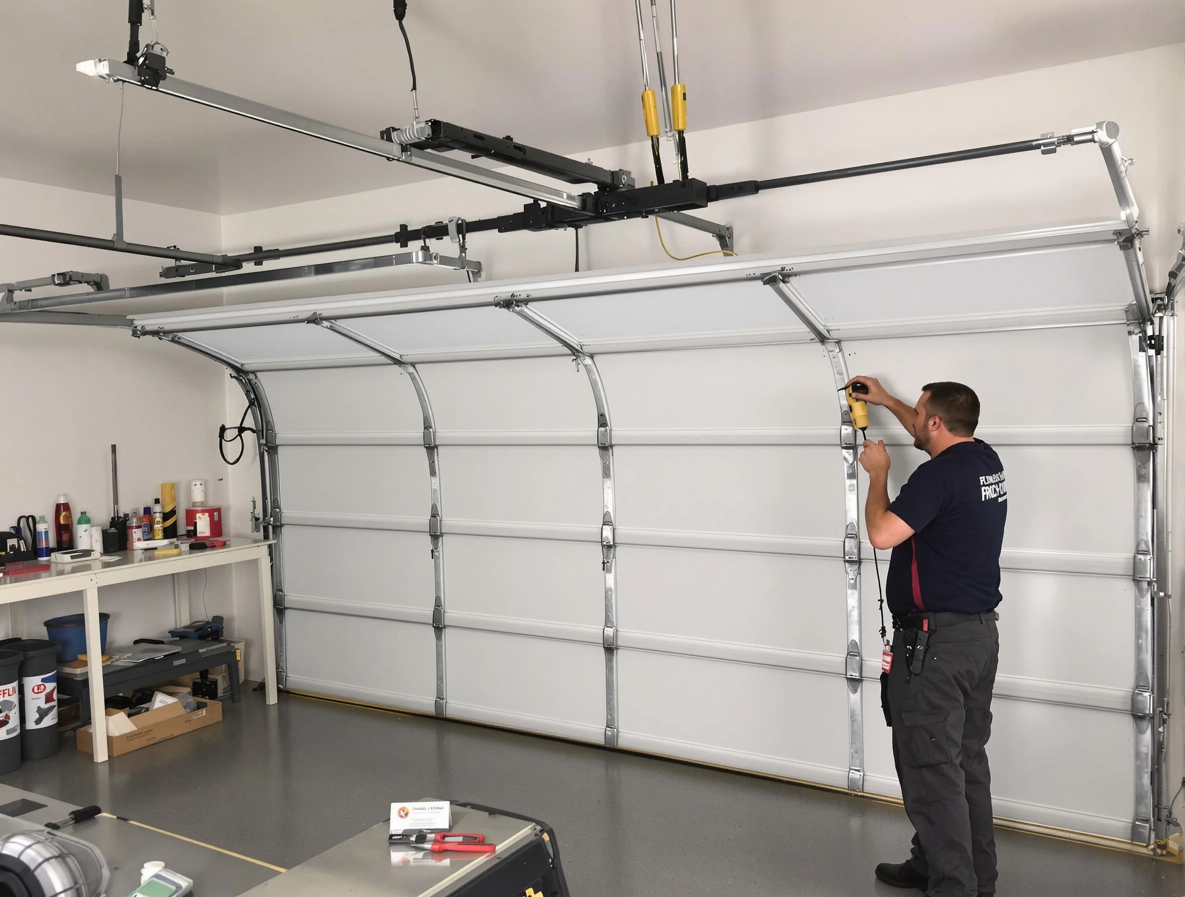 Tampa Garage Door Repair certified technician performing overhead door system repair in Tampa
