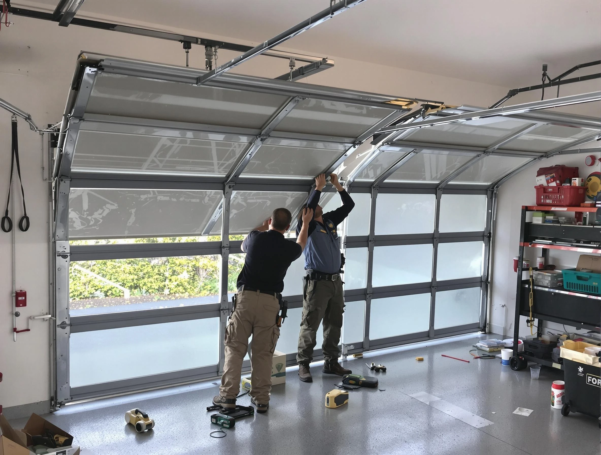Tampa Garage Door Repair expert performing precise panel replacement on Tampa garage door