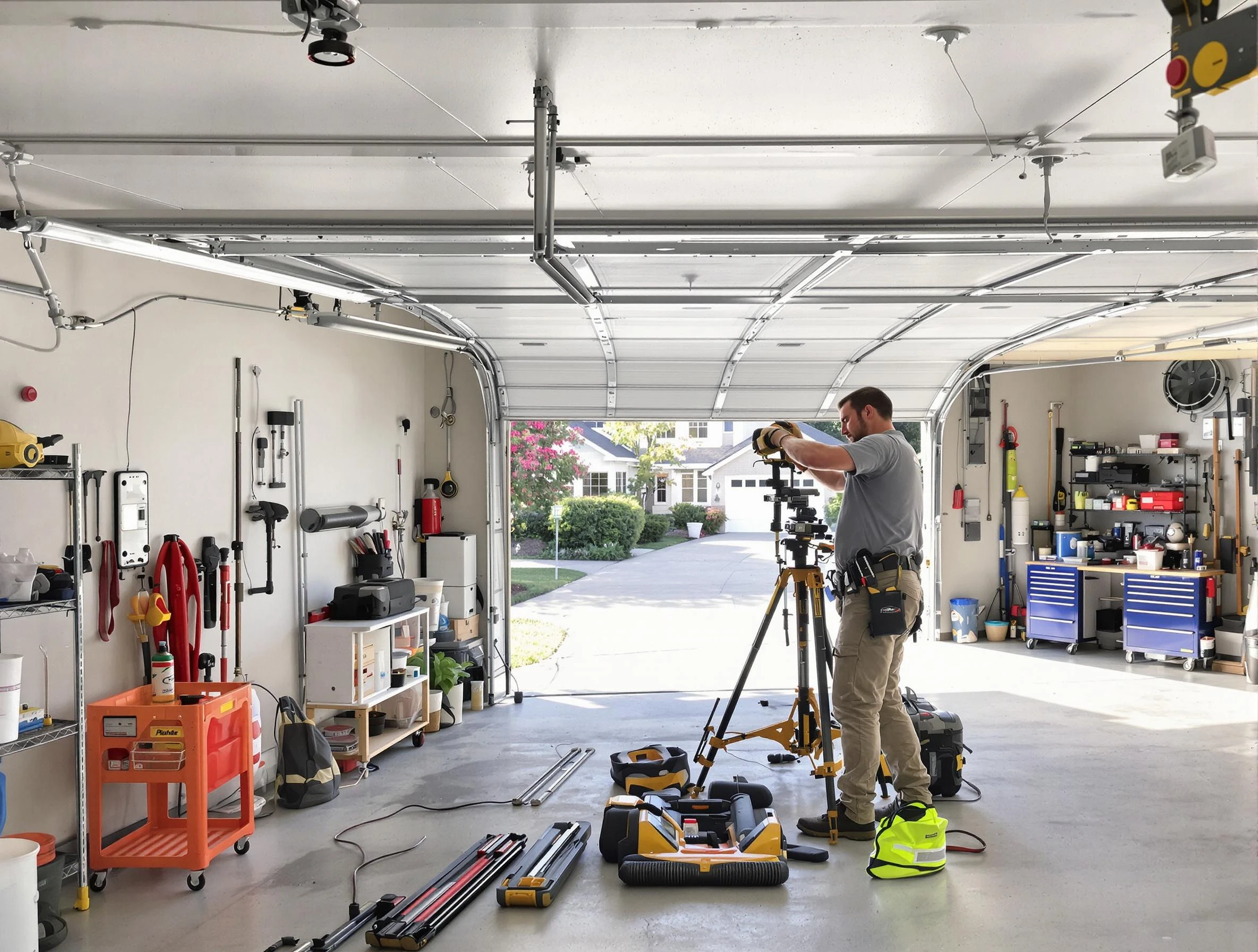 Tampa Garage Door Repair specialist performing laser-guided track alignment in Tampa